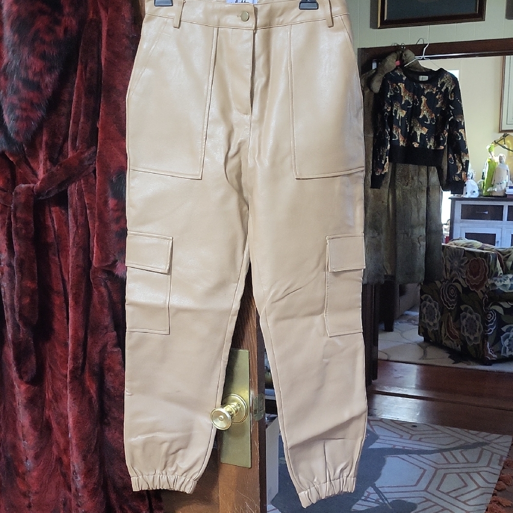 Vylette Faux Leather Tan Cargo Jogger Pants